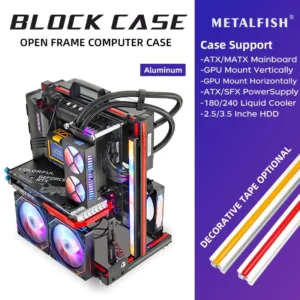 METALFISH BlockCase Aluminum Open Frame PC Case – Supports ATX/M-ATX, 240mm Radiator, Horizontal GPU Mount