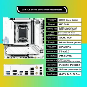 JGINYUE B650M Snow Dream AM5 DDR5 ARGB M-ATX Motherboard For Gaming PCIe 4.0×4 M.2 For CPU 9700X/9900X/7800X3D Gaming PC DIY