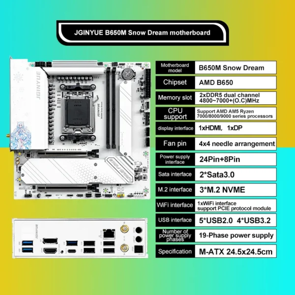 JGINYUE B650M Snow Dream AM5 DDR5 ARGB M-ATX Motherboard For Gaming PCIe 4.0×4 M.2 For CPU 9700X/9900X/7800X3D Gaming PC DIY