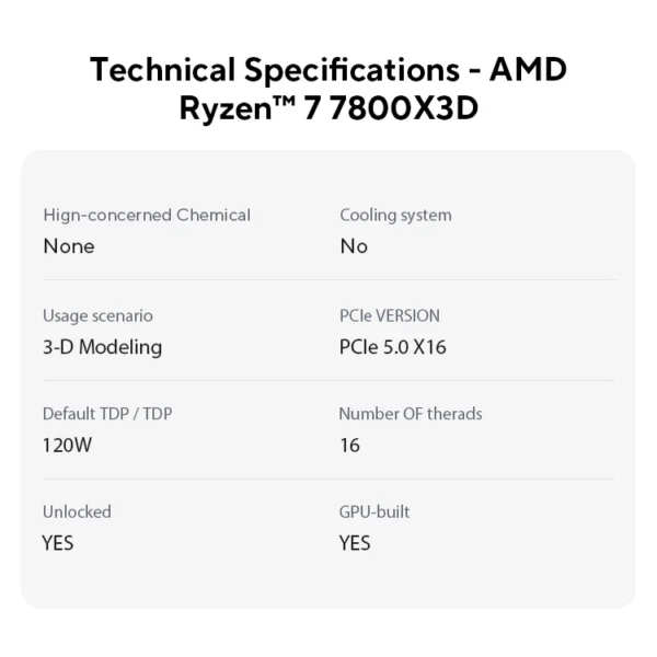AMD Ryzen 7 7800X3D – 8-Core 16-Thread CPU 5.0GHz Boost, 96MB Cache, AM5 Socket – Gaming Processor (Tray) - Image 2